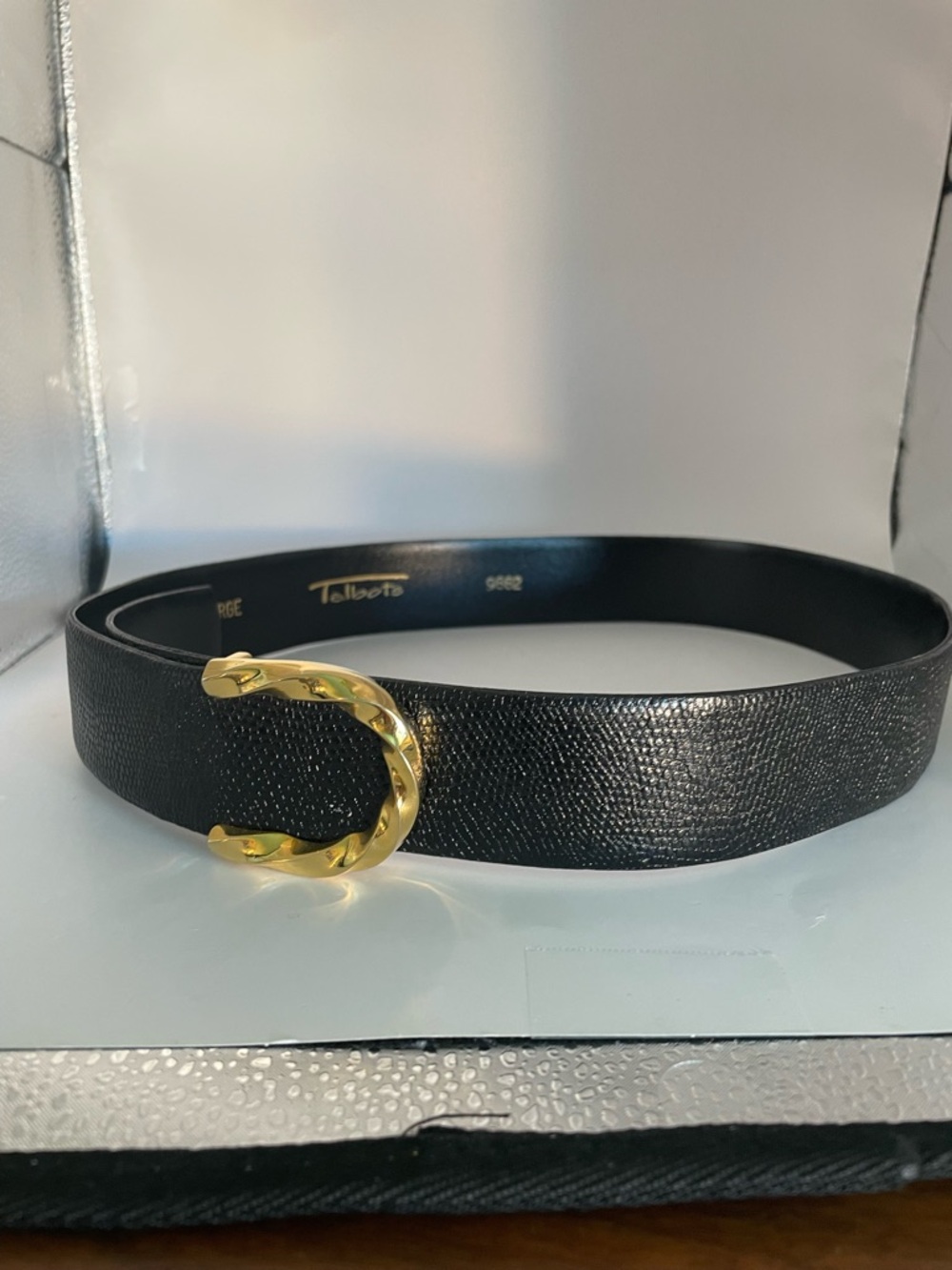 Talbots Black Textured Leather Belt with Gold Buckle